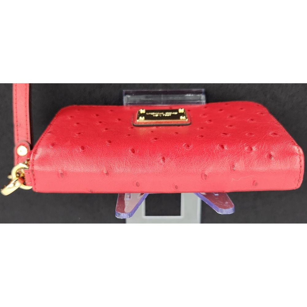 MICHAEL KORS Red Ostrich Embossed Leather Wristlet Wallet Gold Hardware - Picture 5 of 13